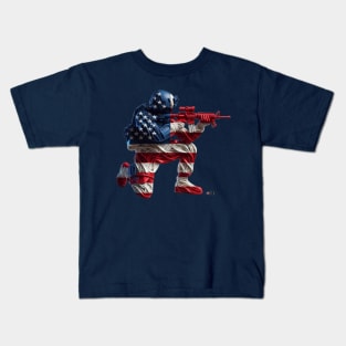 American Military Soldier and USA Flag by focusln Kids T-Shirt